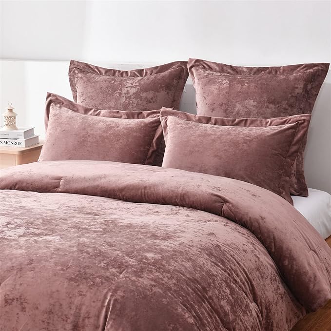 Fredsure Distressed Velvet Comforter Set, 5 Pieces Dusty Mauve Queen, Distressed Velvet Face and Brushed Microfiber Reverse