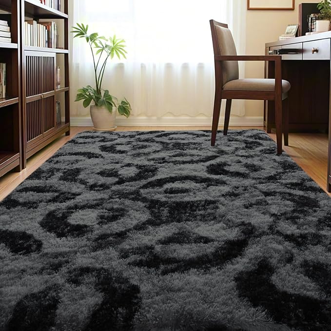 ISEAU 6x9 Area Rug for Living Room, Charcoal Gray Geometric Pattern Plush Rug for Bedroom, Kitchen, Soft Shaggy Carpets, Fluffy and Machine Washable Mats, Nursery Floors Mat, Boys Room Carpet Decor