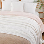 BATTILO HOME Cream Throw Blanket for Couch, Textured Knitted Throw Blanket with Tassels, Couch Cover Blanket Warm Decorative White Throw Blankets for Sofa Living Room, 60" x 80"