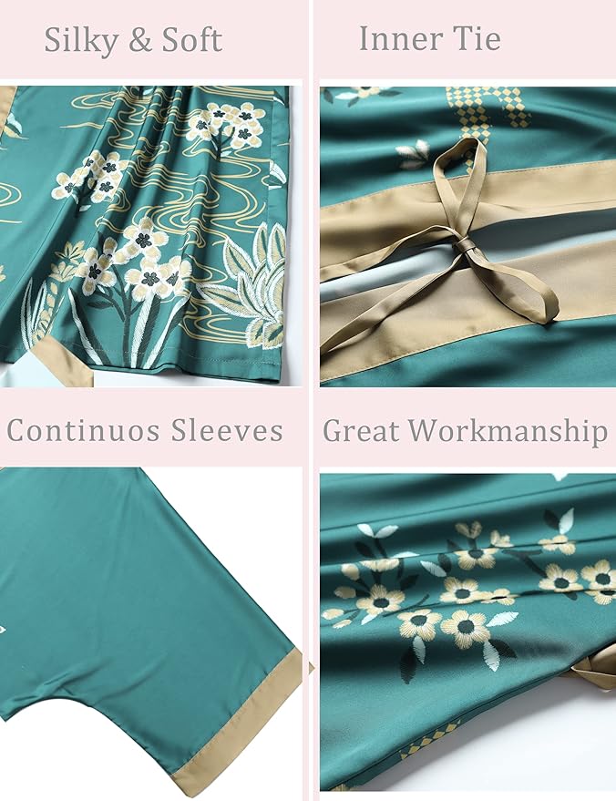 Aensso Long Soft Lightweight Silky Kimonos Robes for Women, Luxury Japanese Floral Womens Kimono Robe