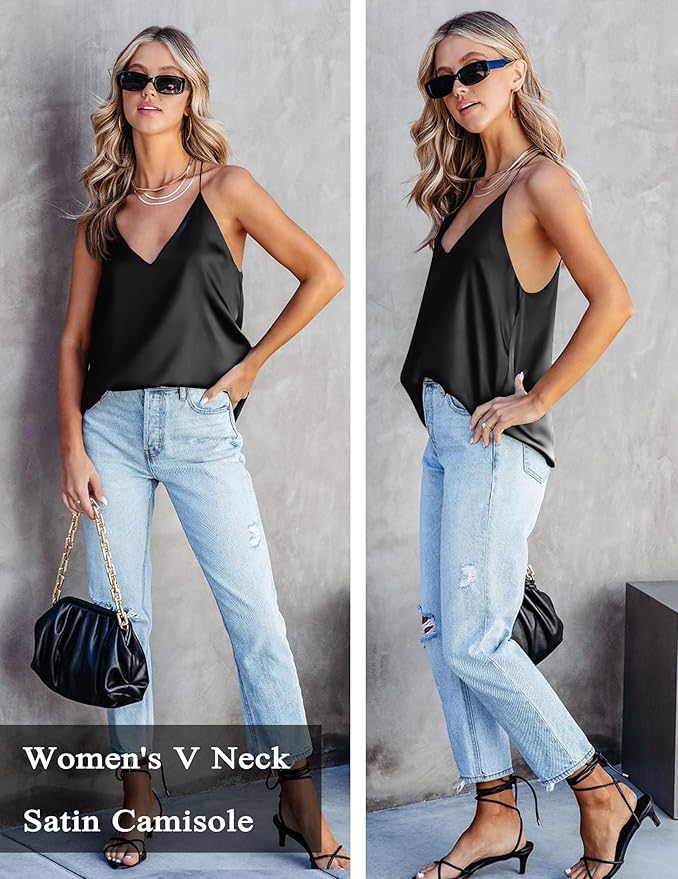 Ekouaer Women's 2 Pcs Satin Camisole Silky Pajama Tank Tops V Neck Soft Spaghetti Strap Loose Basic Sleepwear