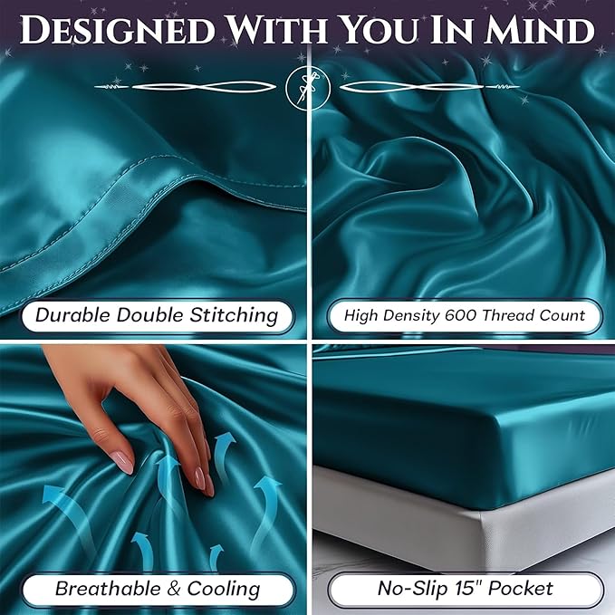 SLEEP SANCTUARY Satin Sheets Twin Size – 3 Piece Luxury Silky Bed Set, Softer Than Silk, 15" Deep Pocket, Cooling & Wrinkle-Free, Moisture-Wicking & Breathable for Hair & Skin (Sea Teal)