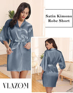 Vlazom Womens Kimono Robes Dressing Gown Satin Bathrobe Nightdress Short Style Bridal Robe