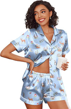 Ekouaer Womens Silk Satin Pajama Sets Soft Short Sleeve Button Down Sleepwear Top and Shorts 2 Piece Pjs Lounge Set