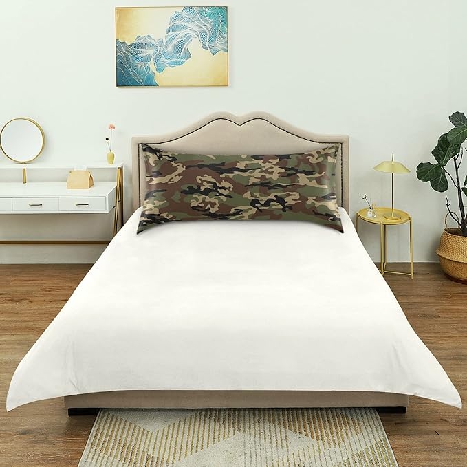 Green Army Camo Satin Pillowcase for Hair and Skin, Army Camouflage Military Silk Pillow Case with Envelope Closure, Queen Size 20x30 inches1 PC