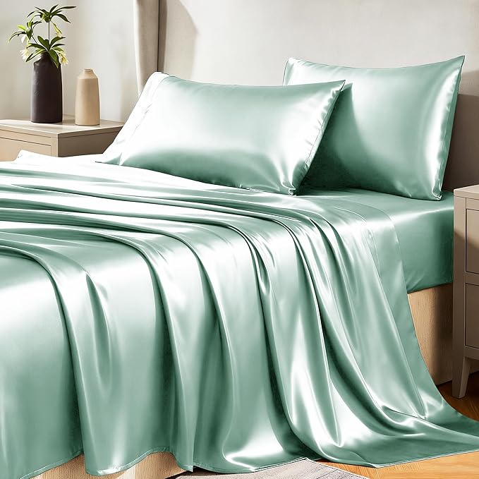 CozyLux Satin Sheets Queen Size Bed Set - 4 Piece Silky Queen Sheet Set, Luxury Aqua Queen Sheets with Smooth and Soft Microfiber, Includes 1 Fitted Sheet, 1 Flat Sheet and 2 Pillowcases