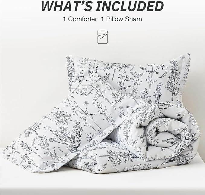 Love's cabin White Twin Size Comforter Set - Twin XL Size Dorm Bedding, 2 Pieces Cute Floral Bedding Comforter Set, Reversible Botanical Flowers Comforter, 1 Comforter & 1 Pillow Sham