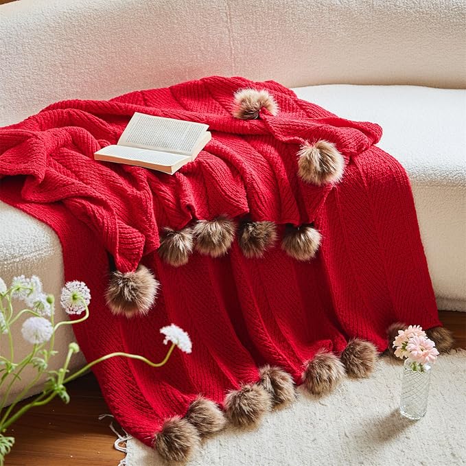 vctops Christmas Fur Pom Pom Knit Throw Blanket Super Soft Warm Cozy Cable Knitted Blanket for Sofa and Couch 51 x 63 Inch Red