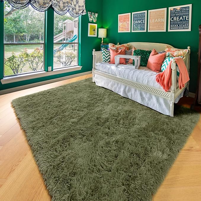 Amdrebio Olive Green Fluffy Area Rugs for Bedroom Living Room, 5x7 Shaggy Modern Cool Rugs for Girls Boys Kids Room Decor, Soft Plush Fuzzy Furry Carpet for Classroom Nursery Dorm Playroom Apartment