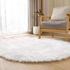 ORINOVA White Fluffy Faux Sheepskin Washable Fur Round Rug 5ft Nursery Rugs for Bedroom Plush Boho Circle Rug for Living Room Teen Room Décor