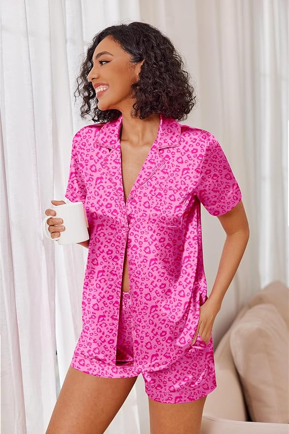 Ekouaer Womens Satin Silk Pajamas Set Short Sleeve Sleepwear Button Down Top and Shorts Loungewear 2 Piece Pjs Set S-XXL