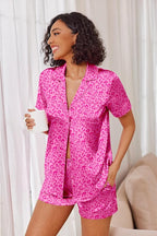 Ekouaer Womens Satin Silk Pajamas Set Short Sleeve Sleepwear Button Down Top and Shorts Loungewear 2 Piece Pjs Set S-XXL