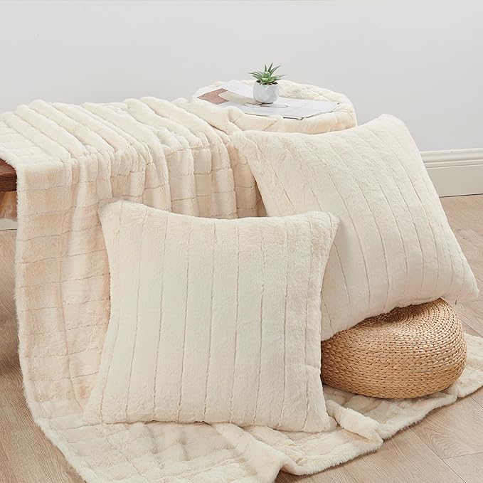 Striped Throw Blanket and Pillow Covers Set (No Inserts) for Couch and Bed, Plush Warm Lightweight Fuzzy Faux Fur Blanket for All Seasons (50" x 60", Cream)