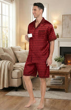Ekouaer Men Satin Silk Pajamas Set with Pockets Sleepwear Shorts Satin Summer Loungewear 2 Piece Button Down Set S-3XL