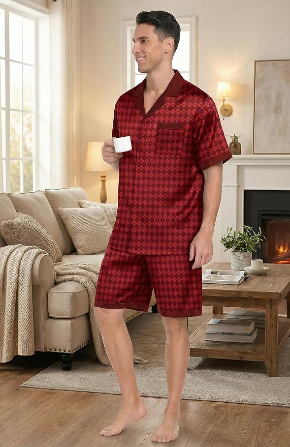 Ekouaer Men Satin Silk Pajamas Set with Pockets Sleepwear Shorts Satin Summer Loungewear 2 Piece Button Down Set S-3XL