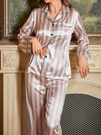 WDIRARA Women's 2 Piece Bowknot Print Satin Pajama Set Long Sleeve Button Down Lounge Pants Sleepwear Sets