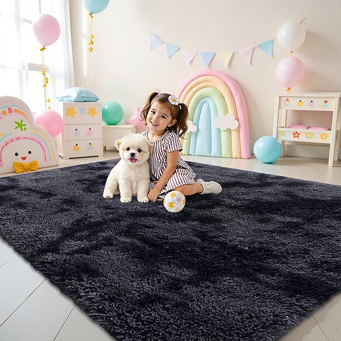 OLANLY Area Rugs for Living Room Bedroom, Machine Washable 4x5.9 Feet Soft Fluffy Shaggy Bedside Rug, Indoor Floor Carpet for Kids Girls and Boys, Nursery Room, Home Decor Aesthetic, Deep Grey Tie-dye
