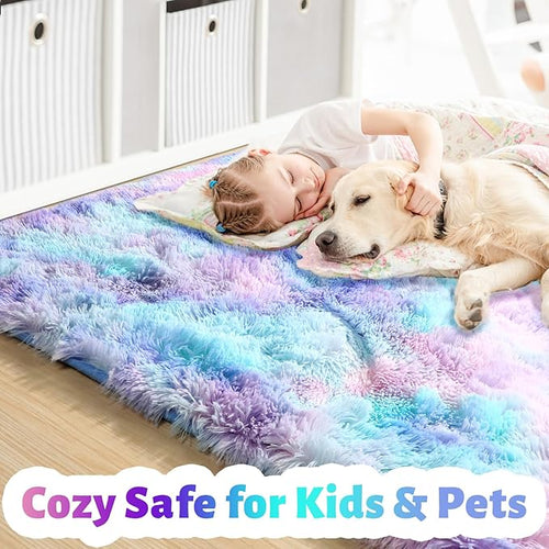 Amdrebio Purple Rainbow Mermaid Area Rugs 9x12 for Girls Bedroom Decor Aesthetic, Plush Fluffy Kawaii Large Big Rugs for Kids Room Nursery Playroom, Cute Stitch Frozen Fuzzy Furry Baby Toddler Carpet