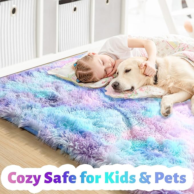 Amdrebio Blue Purple Rainbow Rugs for Bedroom Girls Room Decor, 5x7 Fluffy Cute Area Rugs for Kids Room Playroom Nursery Dorm, Mermaid Stitch Frozen Fuzzy Carpet, Plush Kawaii Furry Baby Toddler Rug