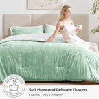 Love's cabin Sage Green Comforter Set Queen - Queen Size Comforter Set, 3 Pieces Cute Floral Bedding Sets for All Seasons,1 Soft Reversible Botanical Flowers Comforter and 2 Pillow Shams