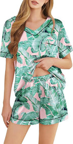 Silk Pajamas for Women Short Sleeve Satin 2 Piece Pj Set Soft V Neck Sleepwear Loungewear, S-XXL