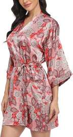 Women's Floral Satin Robes Bride Bridesmaid Getting Ready Robe Short Silky Kimono Sleepwear for Wedding Party