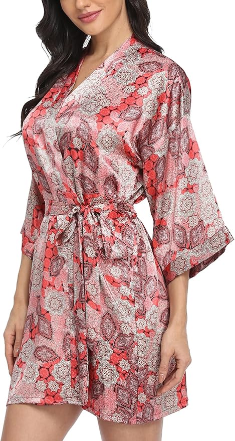 Women's Floral Satin Robes Bride Bridesmaid Getting Ready Robe Short Silky Kimono Sleepwear for Wedding Party