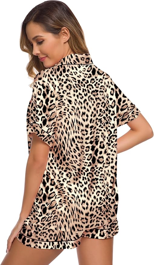 SWOMOG Womens Silk Satin Pajamas Set Short Sleeve Sleepwear Button Down Top and Shorts Loungewear 2 Piece Pjs Set XS-3XL