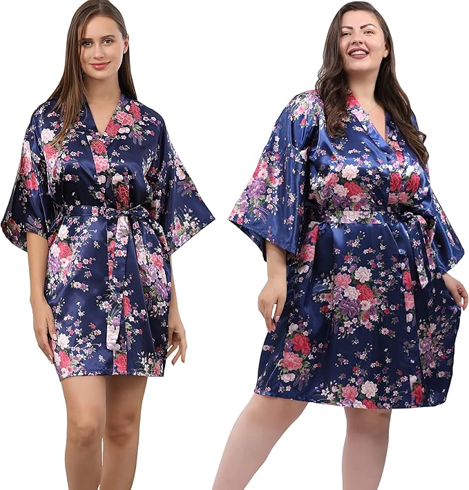 QXQTER Peony Floral Silky Satin Robe Wedding Bridal Party Bride Bridesmaid Robes for Women Dressing Gown Kimono Robe
