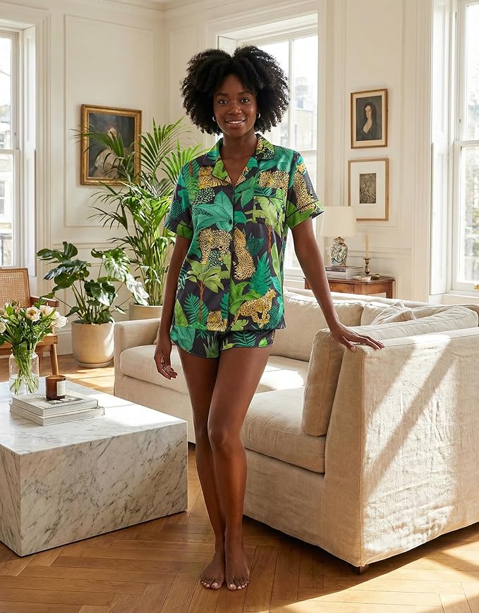 Ekouaer Womens Silk Satin Pajama Set Print Short Sleeve Sleepwear Button Down Pjs Shorts Set Loungewear