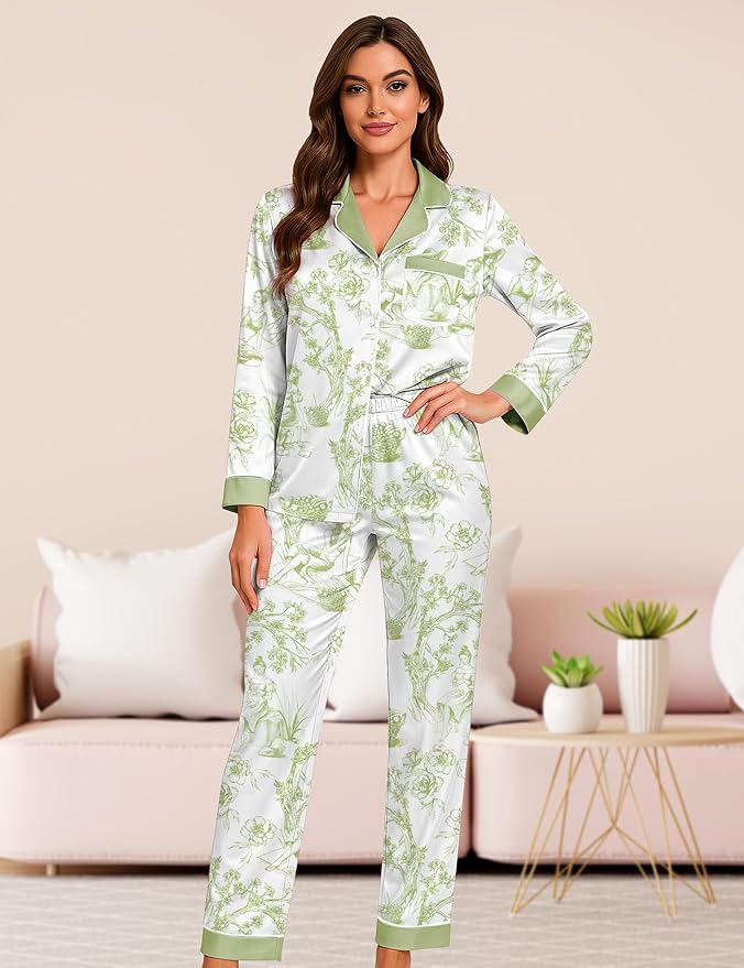 DOLOS Silk Satin Pajama Set for Women Short/Long Sleeve 2-Piece Silky Pajamas for Women Button Down Pjs Sleepwear Loungewear