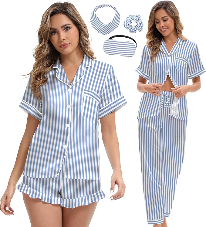 Silk Satin Pajama Set for Women 3-piece Short Sleeve Pajama with Pants Ruffle Shorts Cute Pj Set Button Down Sleepwear