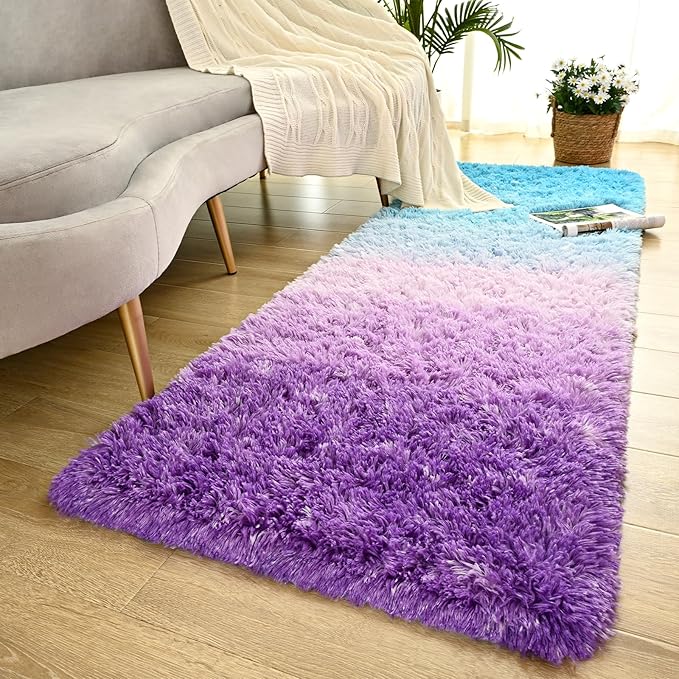 Purple Blue Area Rugs for Bedroom Living Room, 2x6 Feet Fluffy Bedside Rugs, Cute Carpet Rug for Kids Room Nursery, Furry Gradient Rugs for Girls Boys Dorm Room Home Decor