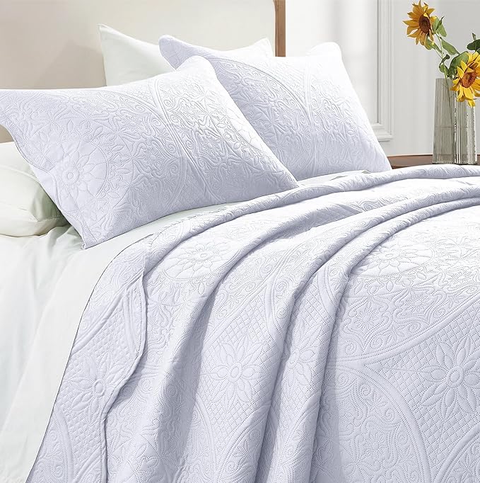 IR Imperial Rooms Twin Quilt Bedding Set Size (68” x 86”) + 1 Pillow Shams (20” x 26” + 2”) - 2 Pcs All Season Lightweight Reversible Microfiber Coverlet Floral Embossed Quilt Bedspread (White)