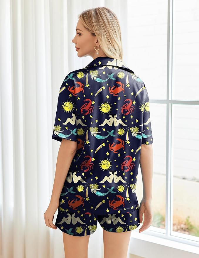 Ekouaer Pajamas for Women Silk Satin Pjs Soft Sleepwear Short Sleeve Button Down Pjs Top and Shorts 2 Piece Lounge Set S-XXL