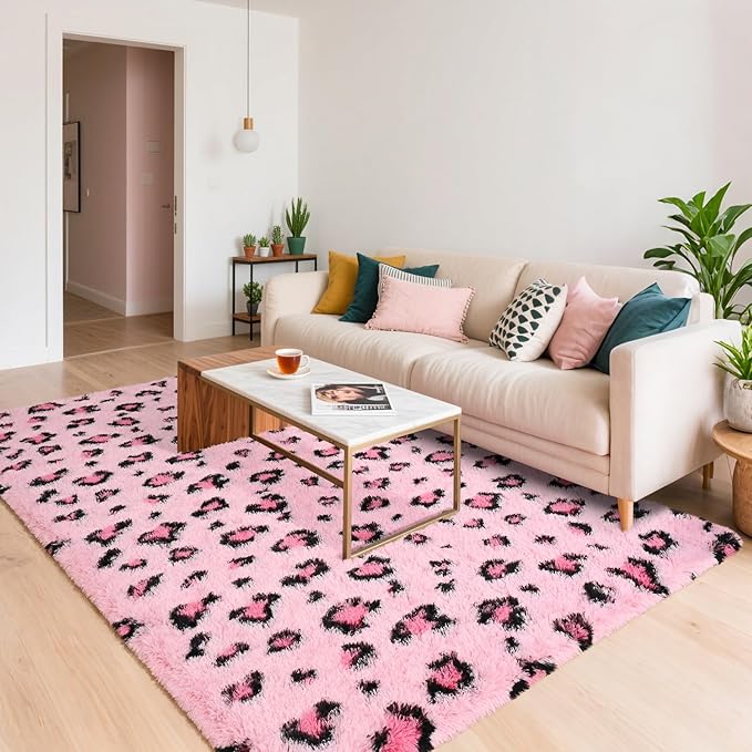 HOMORE Leopard Print Rugs, 6x9 Pink Leopard Rug for Girls Bedroom, Soft Cheetah Print Rugs for Living Room Western Decor, Modern Indoor Fluffy Area Rug for Kids Nursery Dorm Decor