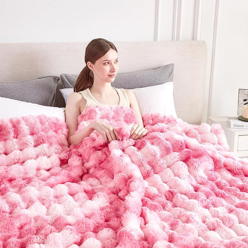 60x80 Inches Ultra-Soft Fuzzy Faux Fur Plush Twin Size Blanket - Thick, Warm Sherpa for Couch, Sofa, Bedroom, Camping - Decorative Blanket for Cozy Warmth, Bubble Pink Tie Dye