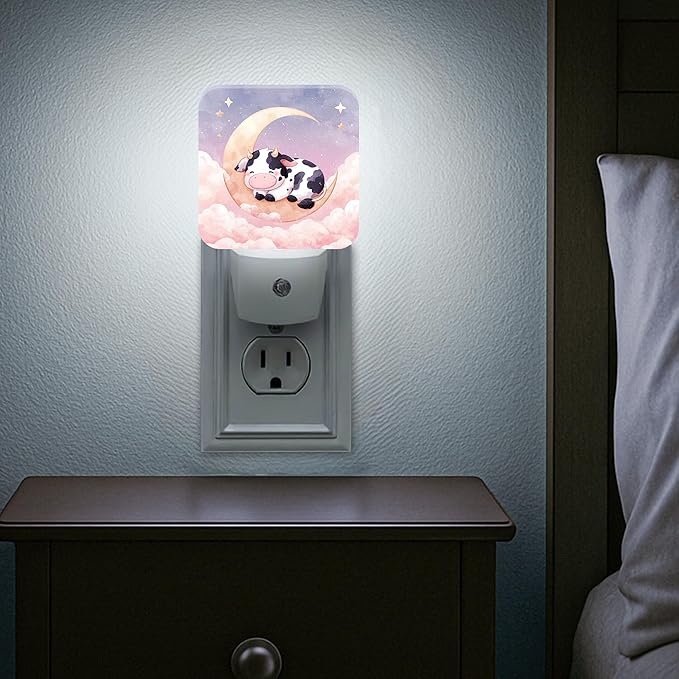 Cow Night Lights Plug Into Wall, Cute Fanciful Moon Clouds Summer Peach Automatic Plug in Night Lights with Sensor for Living Room Family Room Bedroom Decor 1pcs