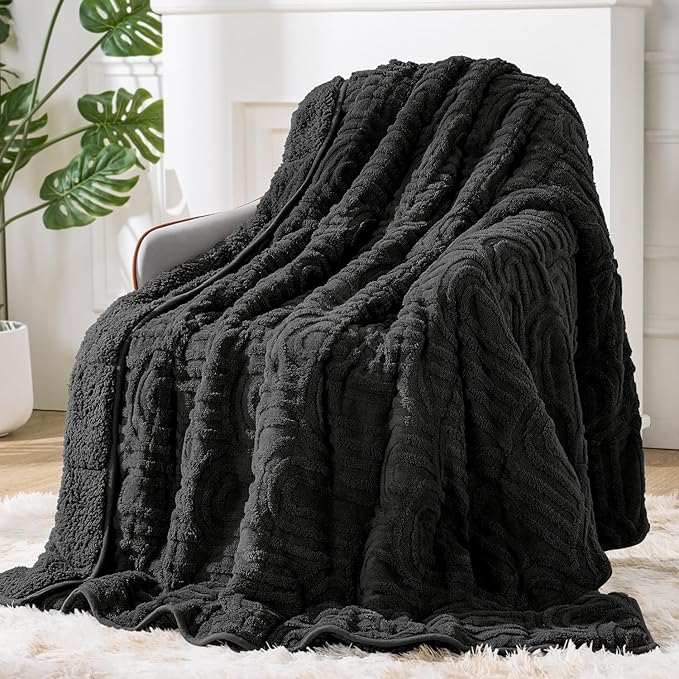 Sherpa Fleece Adult Weighted Blanket Great for Sleep, 15 lbs Dual Sided Soft Fuzzy Heavy Blankets for Couch Bed Sofa, Cozy Warm Fluffy Arched Jacquard Throw for Winter (Black, 48" x 72", 15 Pounds)