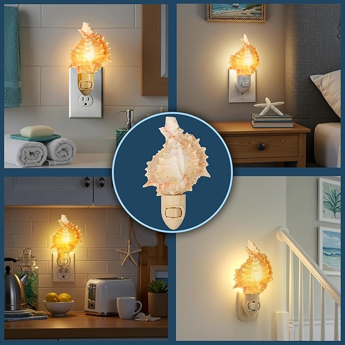 Nautical Crush Trading Seashell Night Light – Beach Night Light with Pink Murex – Shell Light for Bathroom – Sea Shell Lamp – Seashell Lamp Plug Into Wall