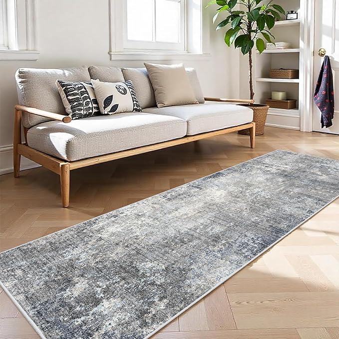 2x8 Washable Non-Slip Hallway Runner Rug – Modern Coastal Abstract Neutral Stain-Resistant Low-Pile Carpet Runner for Kitchen Entryway Bedroom Bathroom (Blue Gray,2x8)