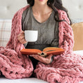 SAMIAH LUXE Chunky Knit Blanket Throw 50x30", Pink Chenille Chunky Knit Throw Blankets for Living Room Decor or Boho Decor, Personal Lap Blanket for Couch or Bed, Cable Knitted Crochet Lap Blankets