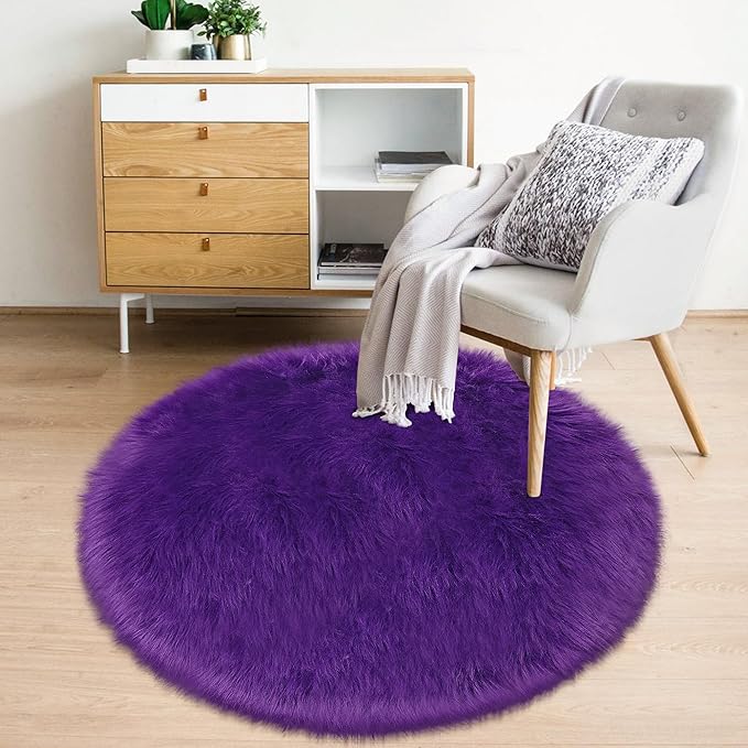 Fluffy Purple Round Rug 3ft Faux Small Fur Circle Rugs for Bedroom Living Room, Soft Furry Faux Sheepskin Round Mat Carpet for Room Floor Decor Chair Seat Covers Plush Throw Rugs Circular