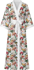Hellomamma Womens Satin Silk Robe: Lightweight 3/4 Sleeve Comfy Floral Print Kimono Sleepwear for Bride Wedding Party Gift