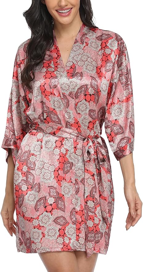 Women's Floral Satin Robes Bride Bridesmaid Getting Ready Robe Short Silky Kimono Sleepwear for Wedding Party