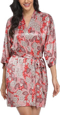 Women's Floral Satin Robes Bride Bridesmaid Getting Ready Robe Short Silky Kimono Sleepwear for Wedding Party