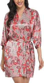 Women's Floral Satin Robes Bride Bridesmaid Getting Ready Robe Short Silky Kimono Sleepwear for Wedding Party