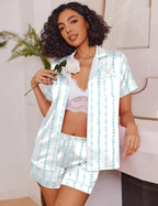 Ekouaer Womens Satin Silk Pajamas Set Short Sleeve Sleepwear Button Down Top and Shorts Loungewear 2 Piece Pjs Set S-XXL