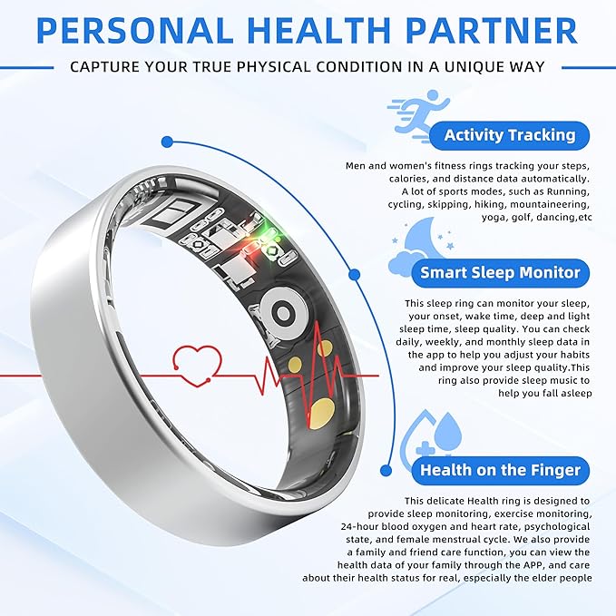 Smart Ring Health Tracking, Sleep Tracking, Heart Rate, Blood Oxygen, Blood Pressure，Fitness Ring, Activity Monitoring, 5 Days Battery, 5ATM Waterproof, No Subscription (Silver, 8#)