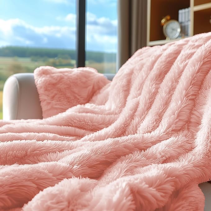 Hyde Lane Blush Pink Throw Blanket for Couch Sofa, Reversible Ultra Soft Faux Fur Fluffy Fuzzy Throw Blankets - 60x80 Rose Gold